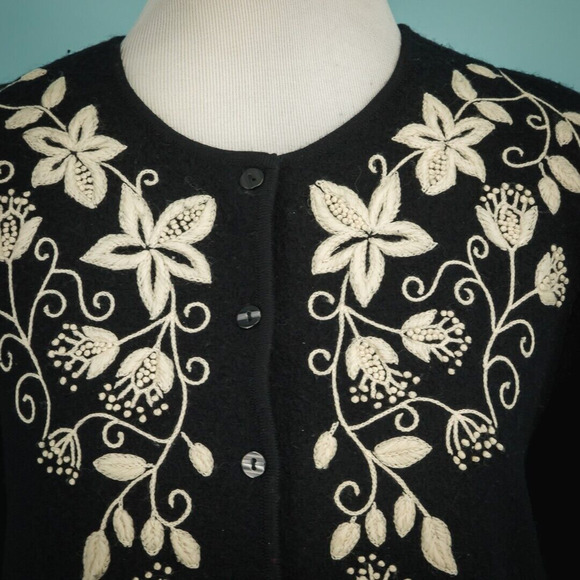 Talbots Size Small S Black Floral Print Embroidered Felted Boiled Wool Jacket - Picture 2 of 6